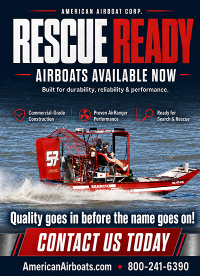 Advertisement for American Airboat Corp: red rescue airboat on the water; bold 'RESCUE READY' with 'Airboats Available Now' and a 'Contact Us Today' CTA, plus contact info (AmericanAirboats.com and 800-241-6390).