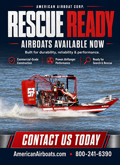 Ad for American Airboat Corp: bold 'RESCUE READY' message with a red rescue boat speeding on water and 'Contact Us Today' banner at bottom.